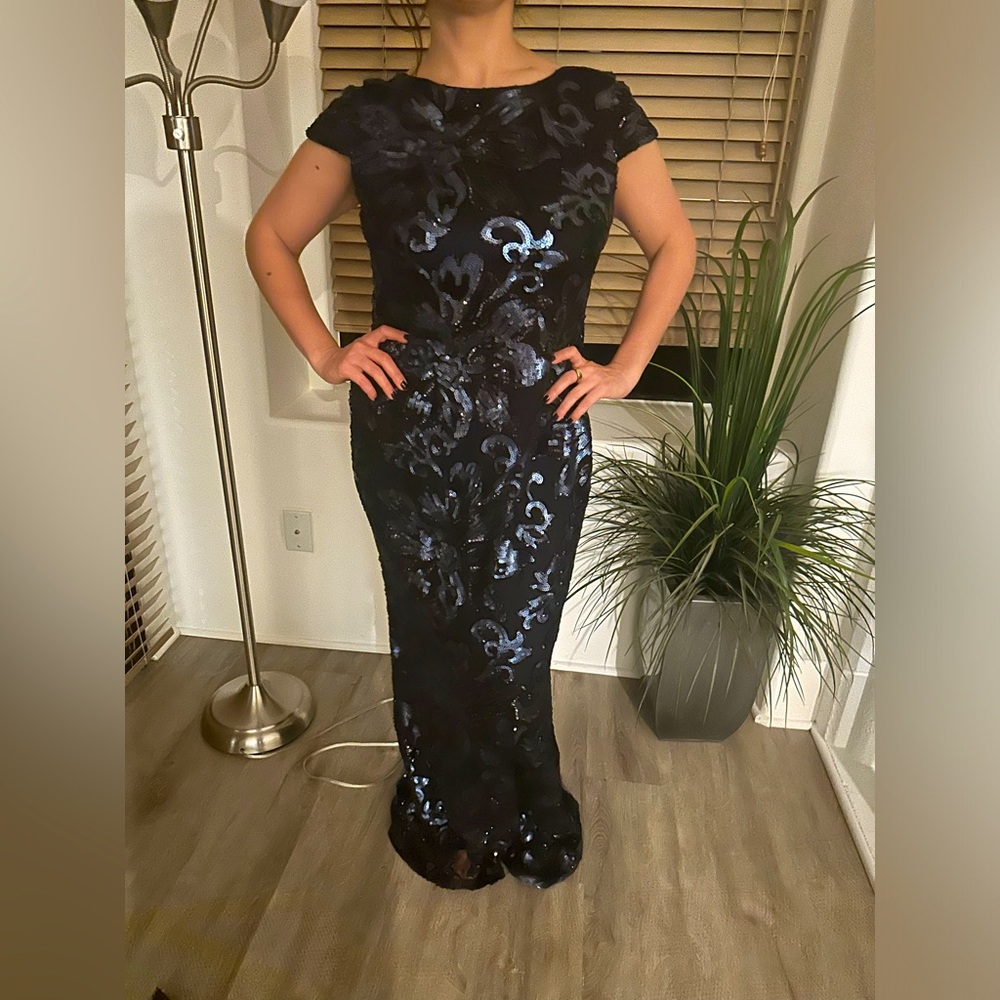 New evening gown sequence and beaded by Calvin Klein (navy beaded on black)